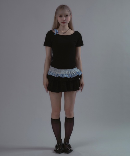 tinkerend(ティンカーエンド)の「Shoulder Ribbon Striped Tops / ショルダーリボンストライプトップス(Tシャツ/カットソー・レディース・ブラック・FREE)」の7枚目の写真
