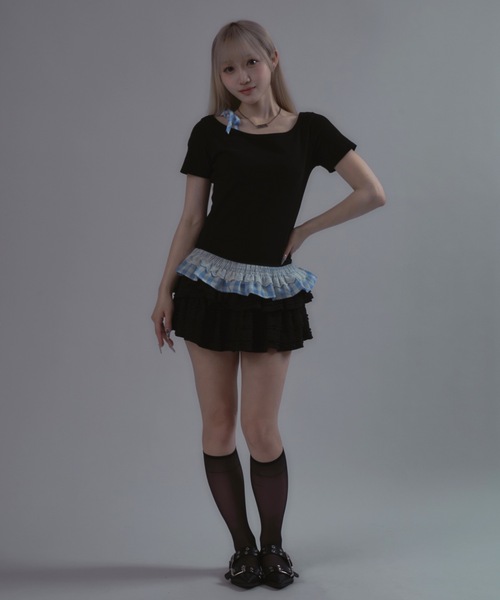 tinkerend(ティンカーエンド)の「Shoulder Ribbon Striped Tops / ショルダーリボンストライプトップス(Tシャツ/カットソー・レディース・ブラック・FREE)」の8枚目の写真