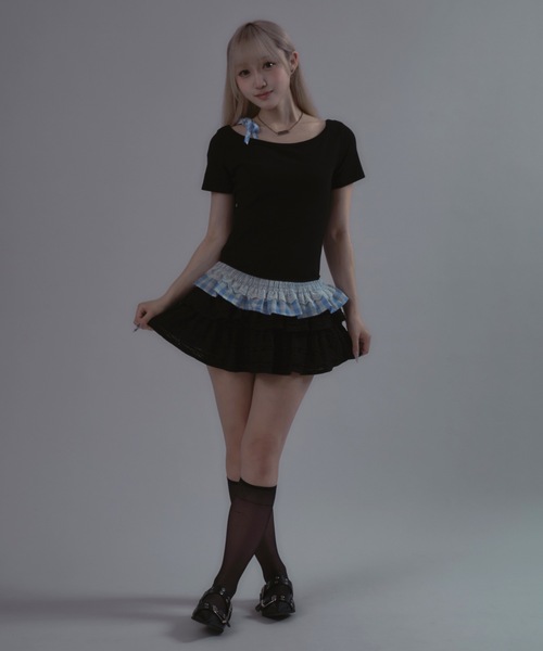 tinkerend(ティンカーエンド)の「Shoulder Ribbon Striped Tops / ショルダーリボンストライプトップス(Tシャツ/カットソー・レディース・ブラック・FREE)」の9枚目の写真