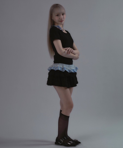 tinkerend(ティンカーエンド)の「Shoulder Ribbon Striped Tops / ショルダーリボンストライプトップス(Tシャツ/カットソー・レディース・ブラック・FREE)」の10枚目の写真