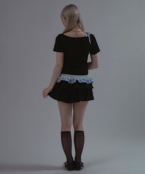 tinkerend(ティンカーエンド)の「Shoulder Ribbon Striped Tops / ショルダーリボンストライプトップス(Tシャツ/カットソー・レディース・ブラック・FREE)」の11枚目の写真