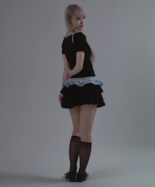 tinkerend(ティンカーエンド)の「Shoulder Ribbon Striped Tops / ショルダーリボンストライプトップス(Tシャツ/カットソー・レディース・ブラック・FREE)」の12枚目の写真