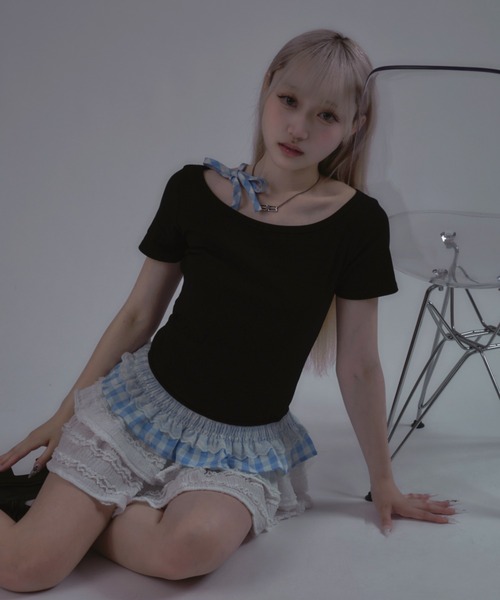tinkerend(ティンカーエンド)の「Shoulder Ribbon Striped Tops / ショルダーリボンストライプトップス(Tシャツ/カットソー・レディース・ブラック・FREE)」の15枚目の写真