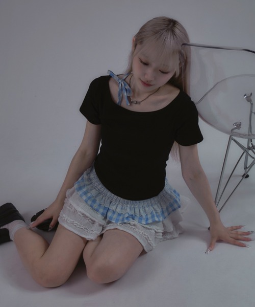 tinkerend(ティンカーエンド)の「Shoulder Ribbon Striped Tops / ショルダーリボンストライプトップス(Tシャツ/カットソー・レディース・ブラック・FREE)」の14枚目の写真