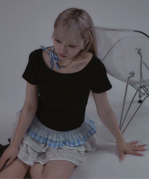 tinkerend(ティンカーエンド)の「Shoulder Ribbon Striped Tops / ショルダーリボンストライプトップス(Tシャツ/カットソー・レディース・ブラック・FREE)」の13枚目の写真