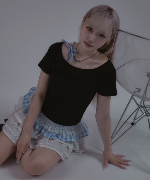 tinkerend(ティンカーエンド)の「Shoulder Ribbon Striped Tops / ショルダーリボンストライプトップス(Tシャツ/カットソー・レディース・ブラック・FREE)」の17枚目の写真