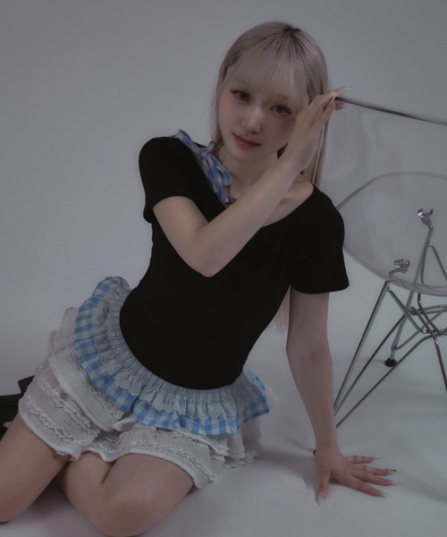 tinkerend(ティンカーエンド)の「Shoulder Ribbon Striped Tops / ショルダーリボンストライプトップス(Tシャツ/カットソー・レディース・ブラック・FREE)」の18枚目の写真