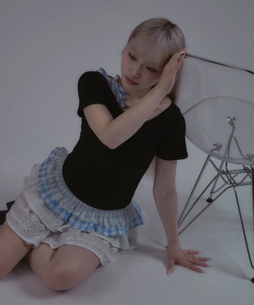 tinkerend(ティンカーエンド)の「Shoulder Ribbon Striped Tops / ショルダーリボンストライプトップス(Tシャツ/カットソー・レディース・ブラック・FREE)」の20枚目の写真