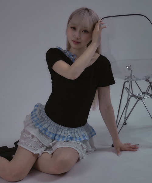 tinkerend(ティンカーエンド)の「Shoulder Ribbon Striped Tops / ショルダーリボンストライプトップス(Tシャツ/カットソー・レディース・ブラック・FREE)」の19枚目の写真