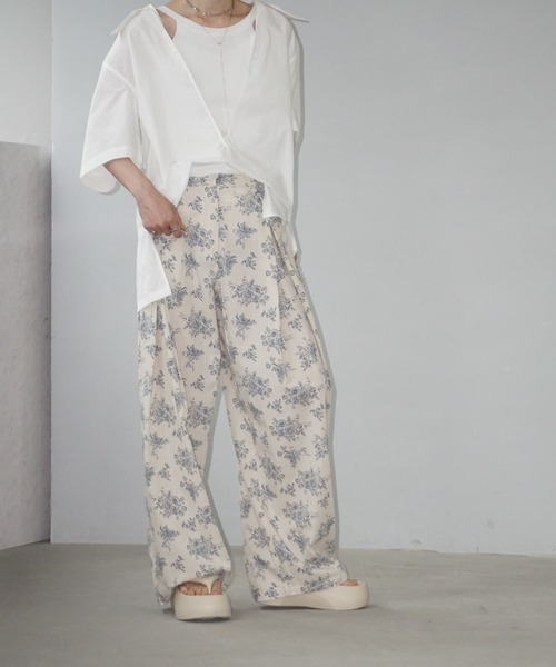 リネンブレンド ヴィンテージフラワーワイドスラックス