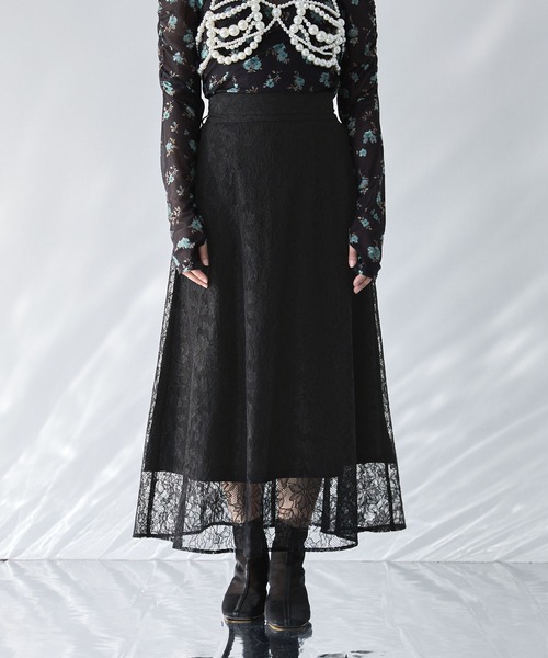 ☆ERDEM☆ エレガントフラワーレースフレアロングスカート♪ フラワーレースシアーフレアスカート(ウエストゴム)(スカート