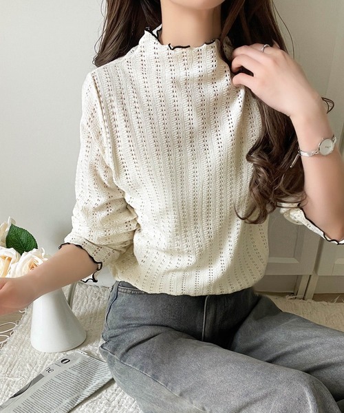 classicalelf(クラシカルエルフ)の「肌見せしすぎず、ほんのり色っぽ。プチハイネック透かし編みメロウトップス(長袖)(Tシャツ/カットソー・レディース・アイボリー/ブラック/ピンク/ライトグレー/ブラウン・X-LARGE/SMALL/MEDIUM/LARGE)」の20枚目の写真