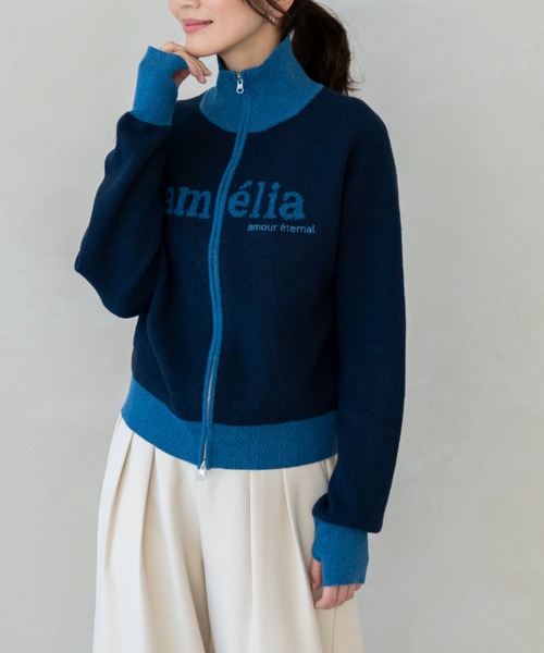 UNDOVE(アンドゥーブ)の「UNDOVE ジッパーロゴニットパーカー(衿付ニット/配色ニット/ジャカート/ダブルファスナー/指穴/静電防止/ストレッチ)(パーカー・レディース・アイボリー系/ネイビー・X-LARGE/LARGE/MEDIUM)」の11枚目の写真
