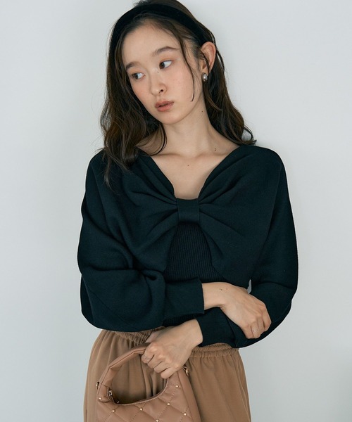 earth music&ecology(アースミュージックアンドエコロジー)の「【WEB限定/セットアイテム】リボンニットアンサンブル(ニット/セーター・レディース・ブラック/ピンク/モカ/アイボリー・FREE)」の3枚目の写真