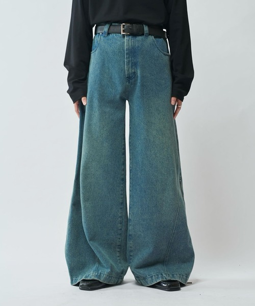 Neucon/ニューコン】ワイドバギーサイドZIPフレアデニムパンツ（デニム