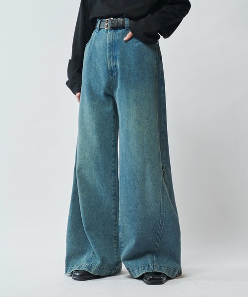Neucon/ニューコン】ワイドバギーサイドZIPフレアデニムパンツ