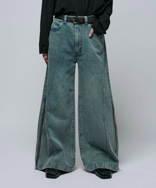 セール】【Neucon/ニューコン】ワイドバギーサイドZIPフレアデニム