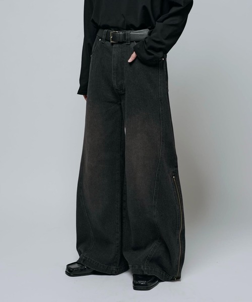 Neucon/ニューコン】ワイドバギーサイドZIPフレアデニムパンツ（デニム