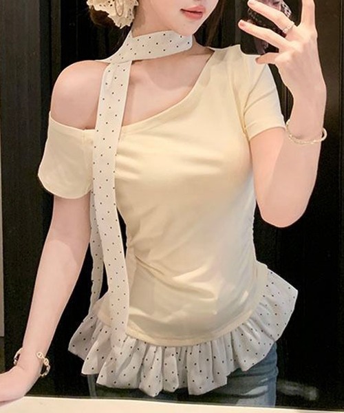 Nia(ニア)の「Nia(ニア)/【タイ付き】バイカラー 半袖 ドット柄ワンショルダーTシャツ(Tシャツ/カットソー・レディース・ブルー/ブラック/イエロー・SMALL/MEDIUM)」の3枚目の写真