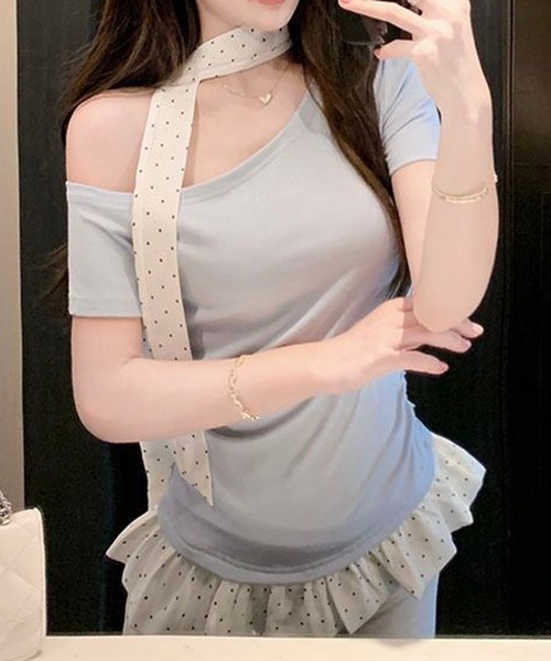 Nia(ニア)の「Nia(ニア)/【タイ付き】バイカラー 半袖 ドット柄ワンショルダーTシャツ(Tシャツ/カットソー・レディース・ブルー/ブラック/イエロー・SMALL/MEDIUM)」の9枚目の写真