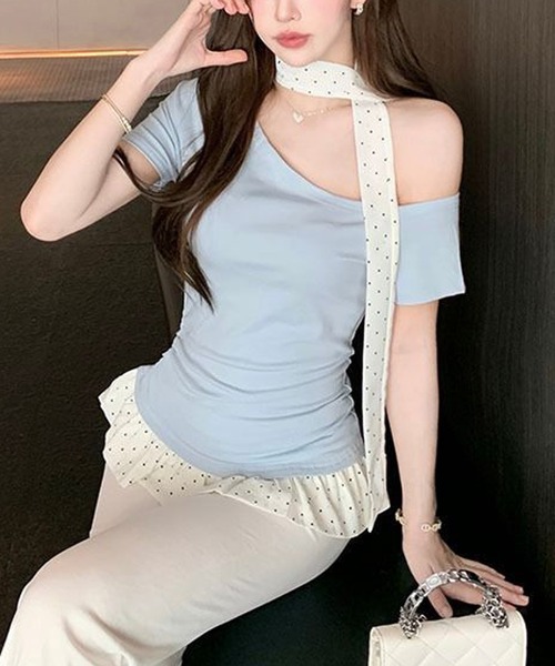 Nia(ニア)の「Nia(ニア)/【タイ付き】バイカラー 半袖 ドット柄ワンショルダーTシャツ(Tシャツ/カットソー・レディース・ブルー/ブラック/イエロー・SMALL/MEDIUM)」の10枚目の写真