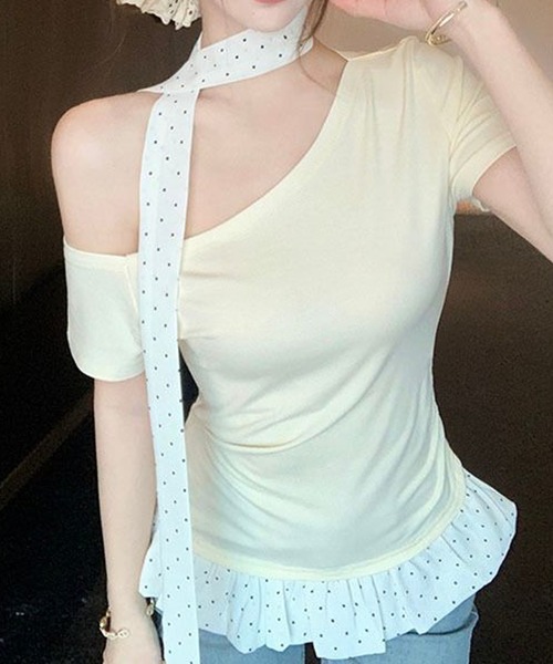 Nia(ニア)の「Nia(ニア)/【タイ付き】バイカラー 半袖 ドット柄ワンショルダーTシャツ(Tシャツ/カットソー・レディース・ブルー/ブラック/イエロー・SMALL/MEDIUM)」の7枚目の写真