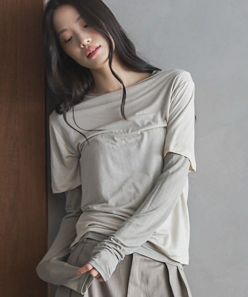 feepur（フェピュール）の「ハーフスリーブセットシアーロンTee（Tシャツ/カットソー・レディース・ブルー/ベージュ/ネイビー・MEDIUM）」の2枚目の写真