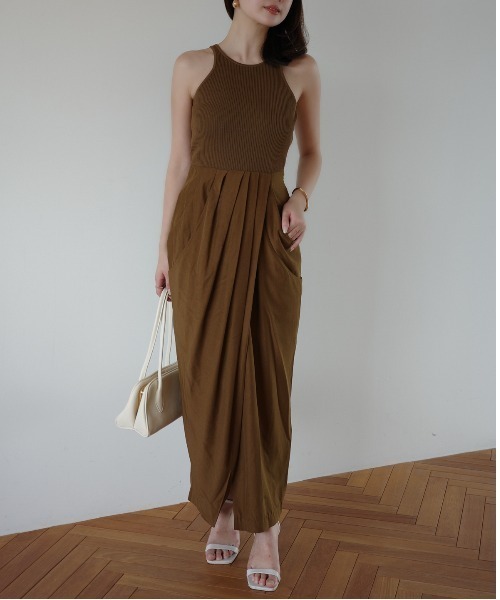 【anuans】24AW＊ボウタイドレープワンピース　ドレス　カーキベージュ　M AN8325EW006531_fw_thumbM.jpg