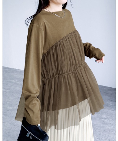 reca(レカ)の「チュールバルーンスリーブTシャツ(Tシャツ/カットソー・レディース・オフホワイト/ブラック/ブラウン/ピンク・M-L)」の3枚目の写真