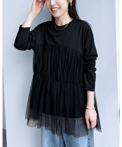 reca(レカ)の「チュールバルーンスリーブTシャツ(Tシャツ/カットソー・レディース・オフホワイト/ブラック/ブラウン/ピンク・M-L)」の2枚目の写真