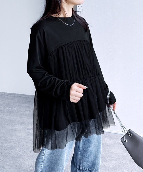 reca(レカ)の「チュールバルーンスリーブTシャツ(Tシャツ/カットソー・レディース・オフホワイト/ブラック/ブラウン/ピンク・M-L)」の9枚目の写真