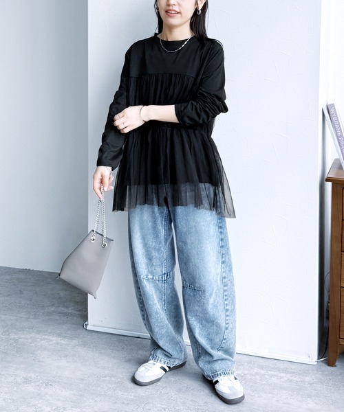 reca(レカ)の「チュールバルーンスリーブTシャツ(Tシャツ/カットソー・レディース・オフホワイト/ブラック/ブラウン/ピンク・M-L)」の12枚目の写真