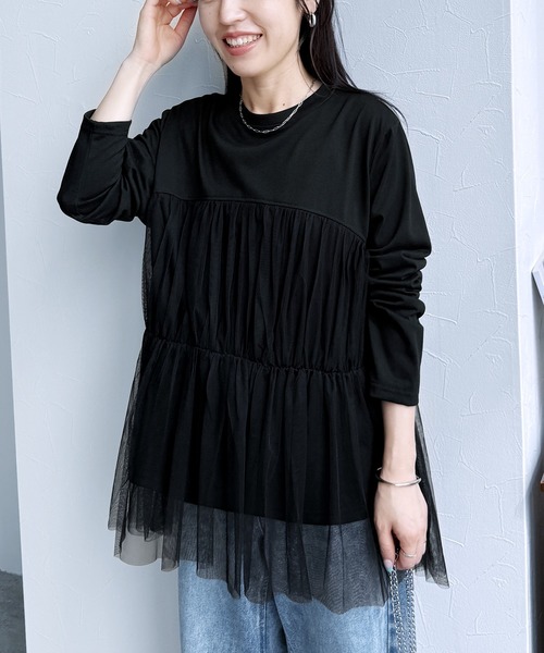 reca(レカ)の「チュールバルーンスリーブTシャツ(Tシャツ/カットソー・レディース・オフホワイト/ブラック/ブラウン/ピンク・M-L)」の11枚目の写真