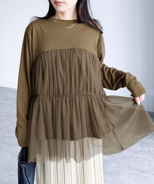 reca(レカ)の「チュールバルーンスリーブTシャツ(Tシャツ/カットソー・レディース・オフホワイト/ブラック/ブラウン/ピンク・M-L)」の13枚目の写真