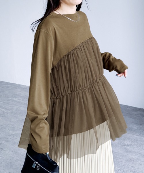 reca(レカ)の「チュールバルーンスリーブTシャツ(Tシャツ/カットソー・レディース・オフホワイト/ブラック/ブラウン/ピンク・M-L)」の14枚目の写真