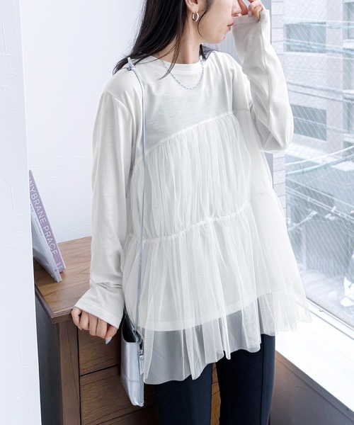 reca(レカ)の「チュールバルーンスリーブTシャツ(Tシャツ/カットソー・レディース・オフホワイト/ブラック/ブラウン/ピンク・M-L)」の5枚目の写真