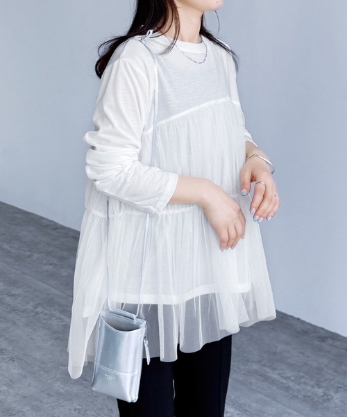 reca(レカ)の「チュールバルーンスリーブTシャツ(Tシャツ/カットソー・レディース・オフホワイト/ブラック/ブラウン/ピンク・M-L)」の7枚目の写真