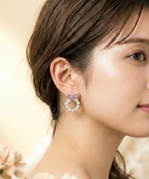 【IZU】 〈2個SET〉 リボン×パール×ジルコニア サークルピアス シルバー&ゴールド 亜鉛合金 レディース 上品可愛い 両耳用