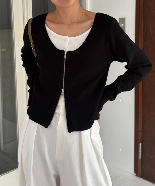 カプリシュレマージュ カーディガン風バイカラーレイヤードプル