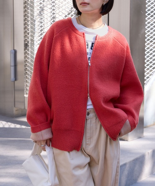 セール】バイカラー配色ダブルフェイスルーズニットカーディガン