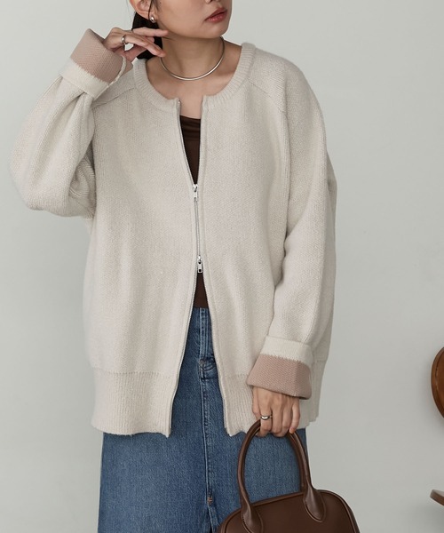 バイカラー配色ダブルフェイスルーズニットカーディガン MONO-MART