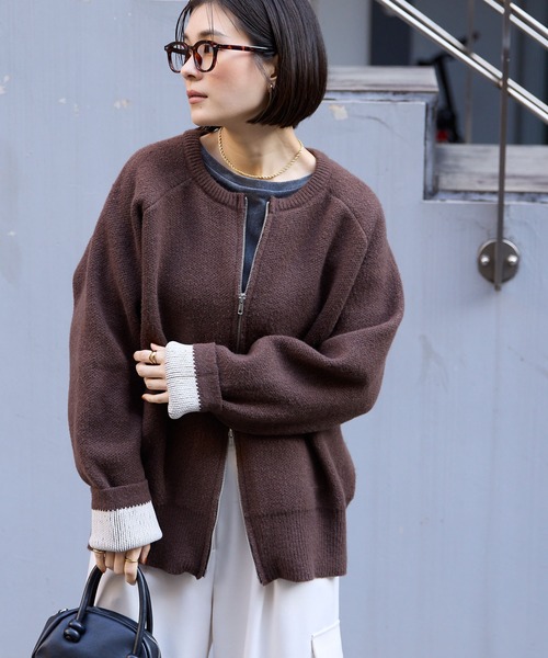 セール】バイカラー配色ダブルフェイスルーズニットカーディガン