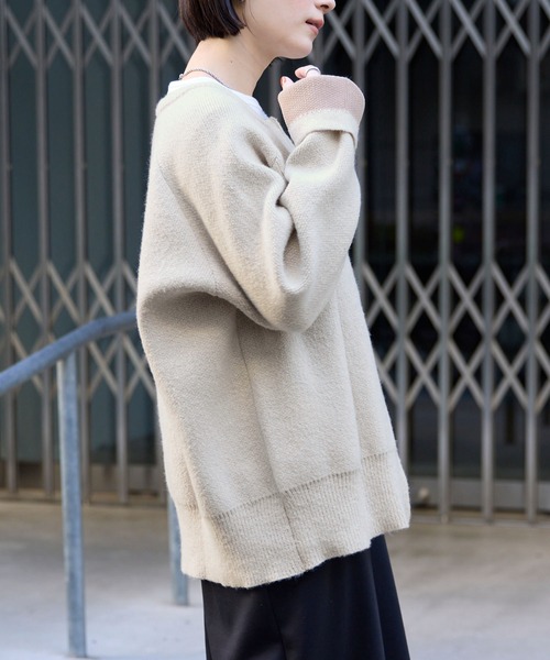 セール】バイカラー配色ダブルフェイスルーズニットカーディガン