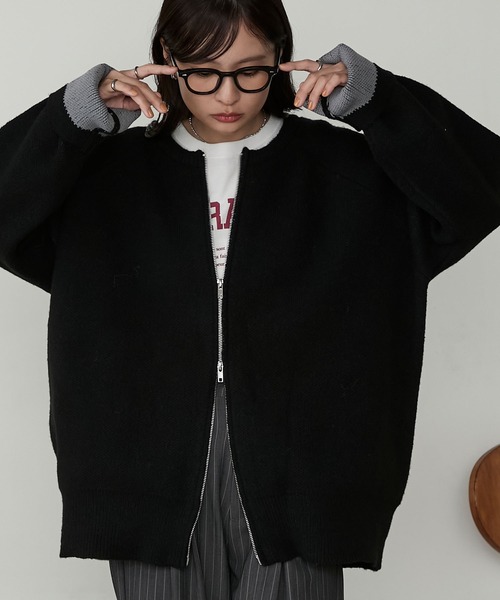 バイカラー配色ダブルフェイスルーズニットカーディガン MONO-MART
