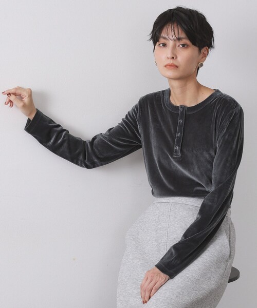 セール】ベロアタッチリブトップス【洗濯機OK】（Tシャツ/カットソー