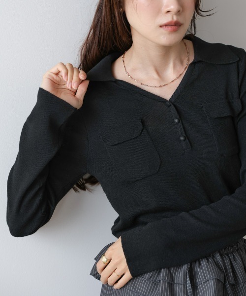 Bab（バブ）の「くるみボタンポロニット（ニット/セーター・レディース・ブラウン/アイボリー/ブラック/チャコールグレー・FREE）」の2枚目の写真