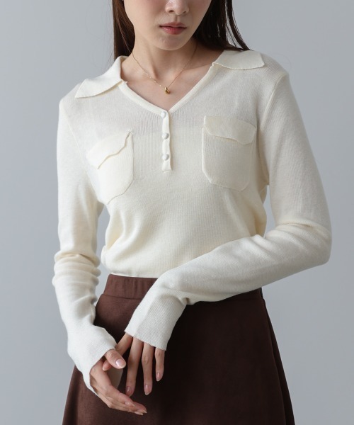 Bab（バブ）の「くるみボタンポロニット（ニット/セーター・レディース・ブラウン/アイボリー/ブラック/チャコールグレー・FREE）」の5枚目の写真