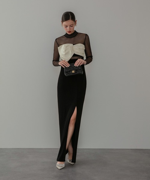 【LEJA LUXE】フロントツイストデザインシアースリットIラインドレス LEJA LUXE】フロントツイストデザインシアースリットIラインドレス