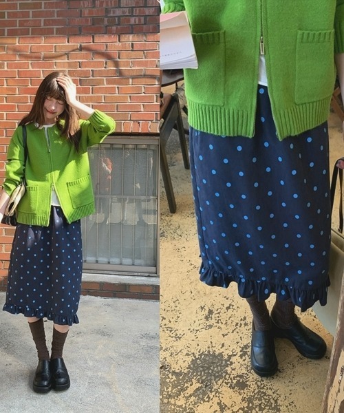 gossip!ロサンゼルス(ゴシップロサンゼルス)の「【Y2Kガーリー】レトロドット×フリルヘムストレートスカート/ミディ丈(スカート・レディース・ブラウン/ネイビー・FREE)」の7枚目の写真