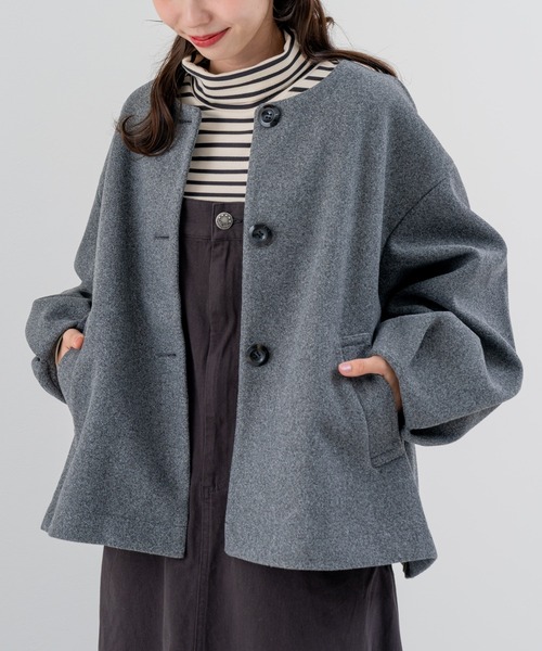 セール】【refinedworks】上品で大人可愛い ノーカラー ショートコート